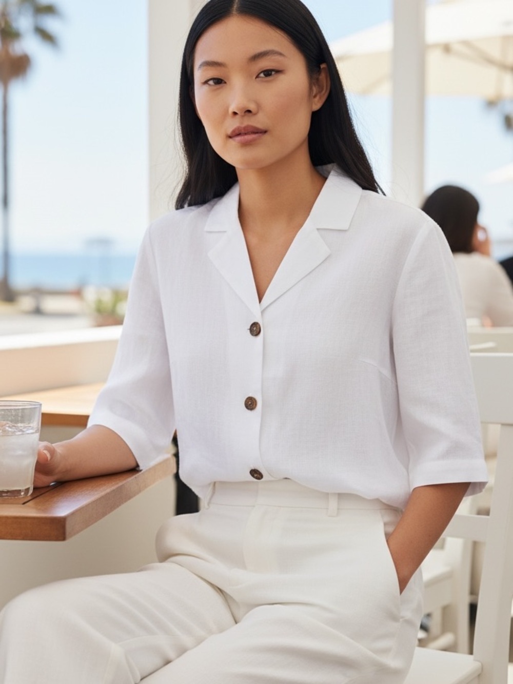 OUI (6) Pure Linen Blouse Optic White Cropped Lapel Collar Button 3/4 Sleeve